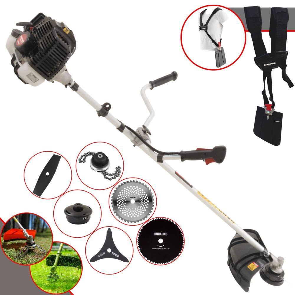 Roçadeira Robusta Kawashima KW43-LE À Gasolina 2T 43cc 1,7HP 6 Opções de Corte Com Facas 2 Pontas, 3 Pontas, 40 Dentes, 80 Dentes, Trimmer e Carretel