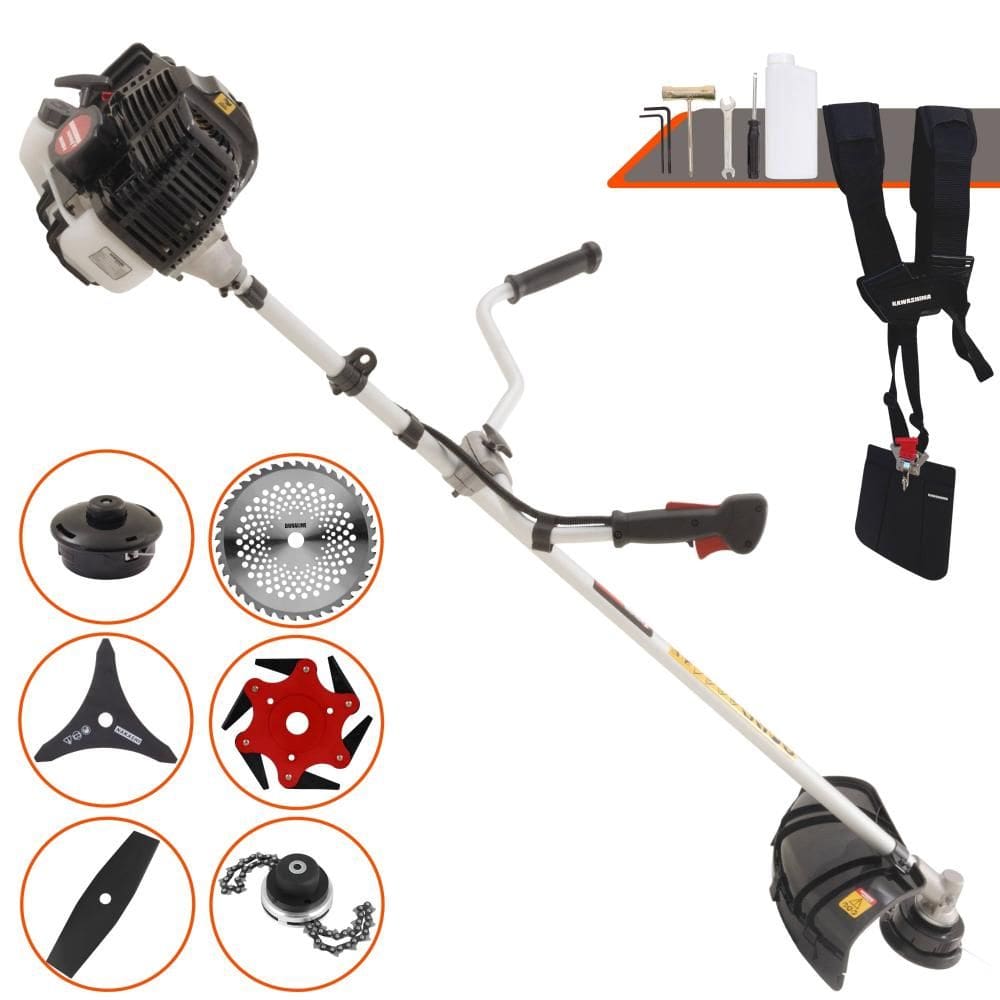 Roçadeira Kawashima KW43LE À Gasolina 1,7HP 43cc Com Lâmina Facão + Lâmina 3 Pontas + Lâmina 6 Pontas + Disco 40 Dentes + Trimmer + Carretel de Nylon