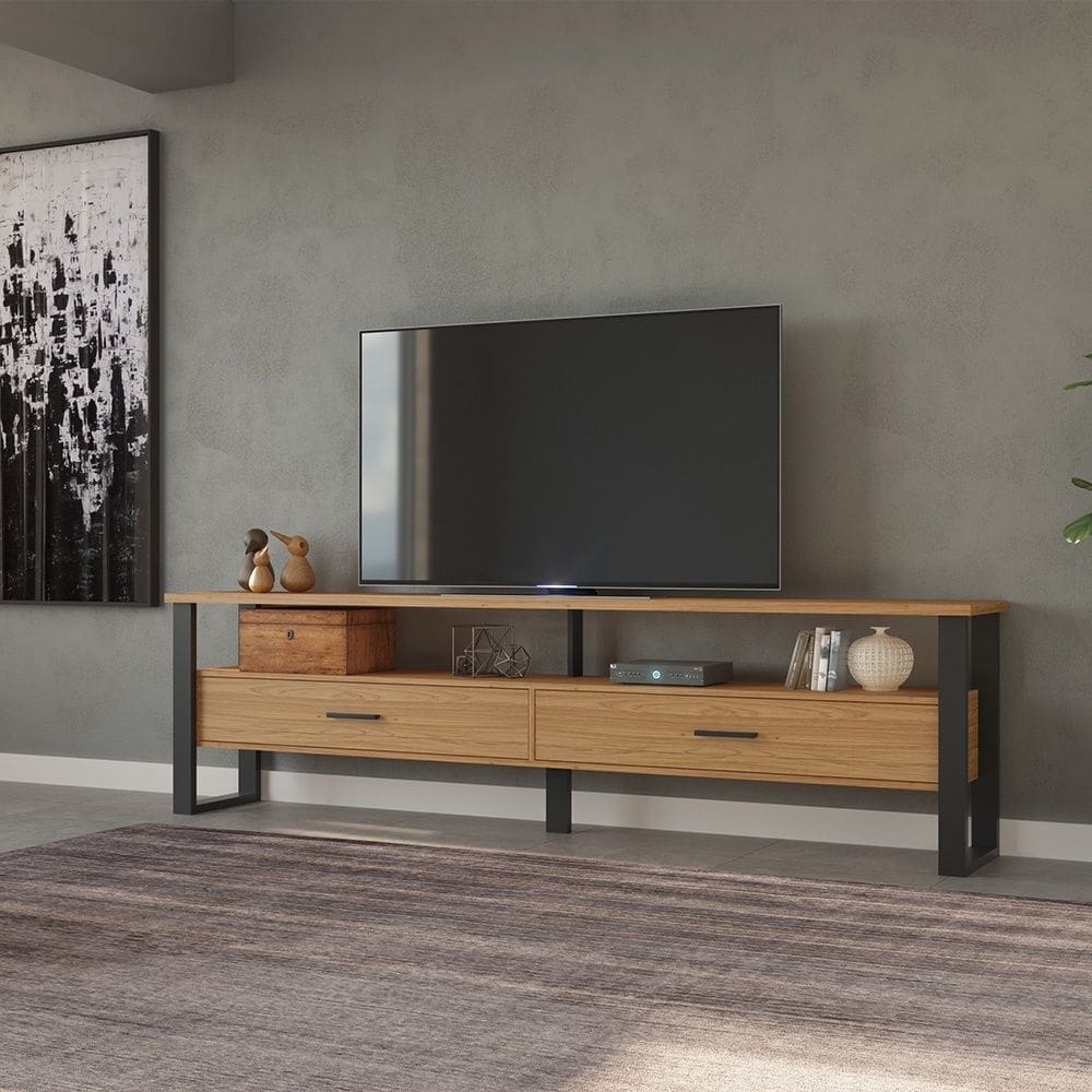 Rack para TV Até 60 Polegadas 02 Gavetas 220cm Estilo Industrial Freijó Preto Fosco Dalla Costa