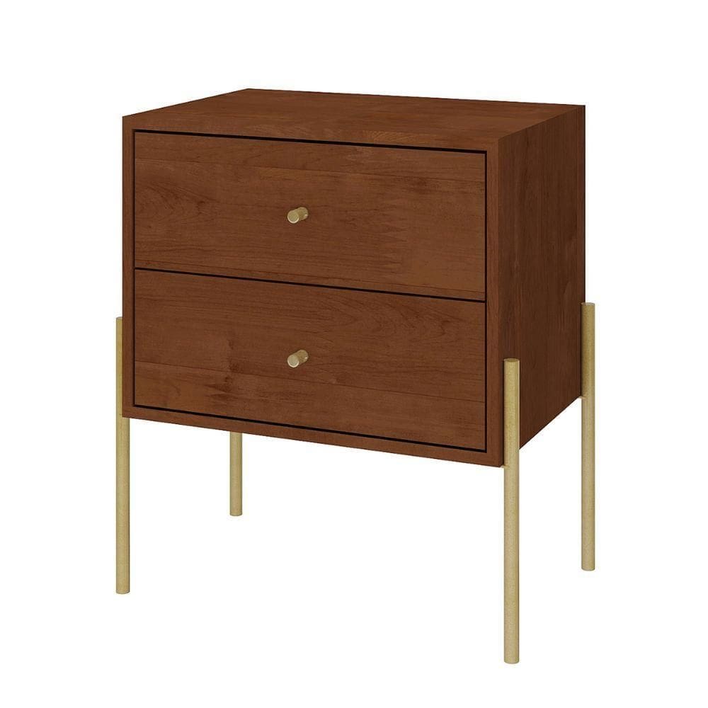 Mesa De Cabeceira Minimalista Com Pés Finos De Ferro - Imbuia Glazer Com Puxadores E Pés Dourado