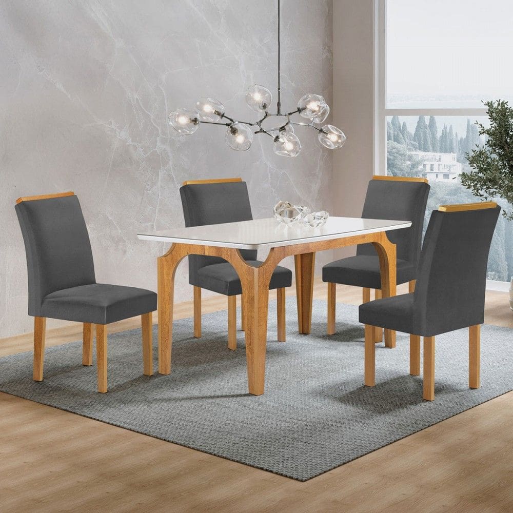 Mesa de Jantar 4 Lugares Marromina Luisa com Vidro Cinamomo/Off White/Cinza - Cel Móveis