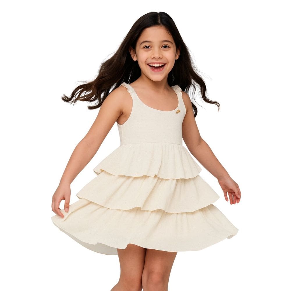 Vestido Infantil Feminino Branco Camadas com Alças Ano Novo