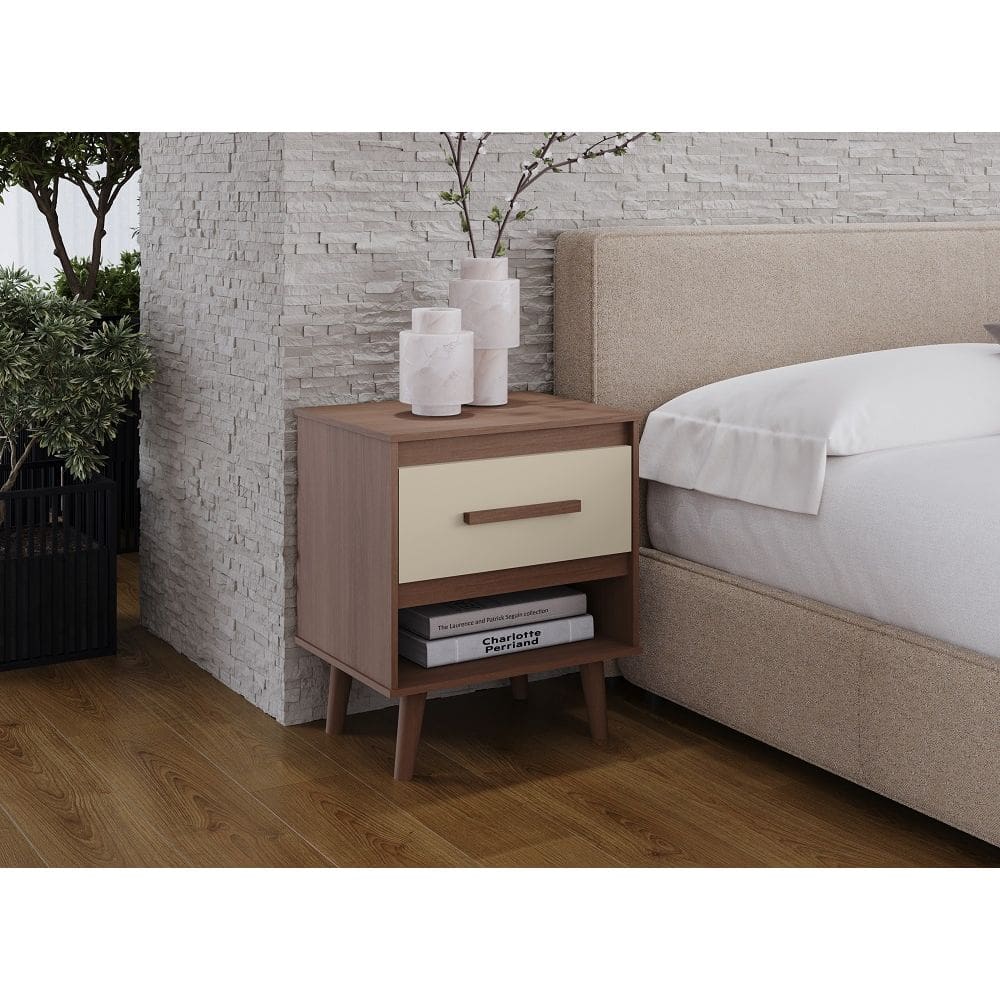 Mesa de Cabeceira Mila Pés Retrô com 1 Gaveta - Savana/Off White Móblis