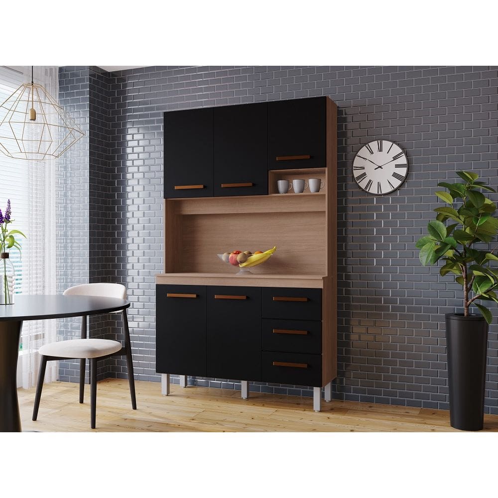 Cozinha Compacta Vitória 120m 5 Portas 3 Gavetas - Savana/Preto Móblis