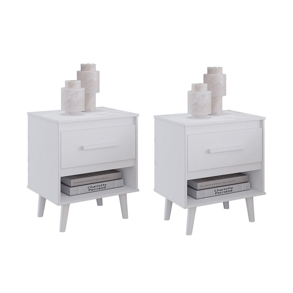 Jogo de Mesa de Cabeceira Mila 1 Gaveta Pés Retrô - Branco Móblis