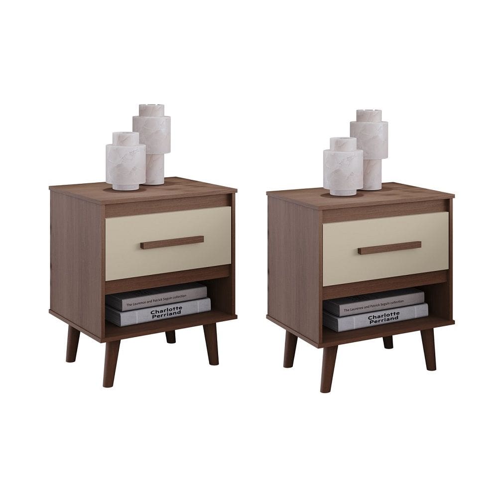 Jogo de Mesa de Cabeceira Mila 1 Gaveta Pés Retrô - Savana/Off White Moblis