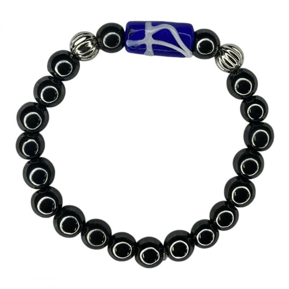 Pulseira Ogum Firma Azul Hematita E Silicone