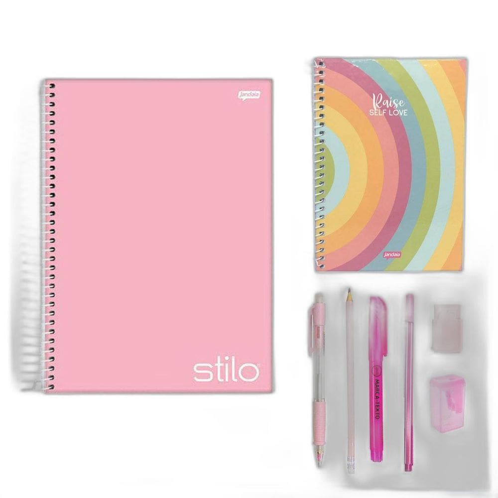 Kit Papelaria Tons Rosa Cor Rosa Arco Iris Escolar Neon
