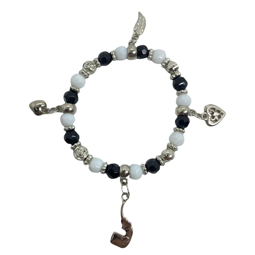 Pulseira Preta Velha Pingentes Preto E Branco Cristal