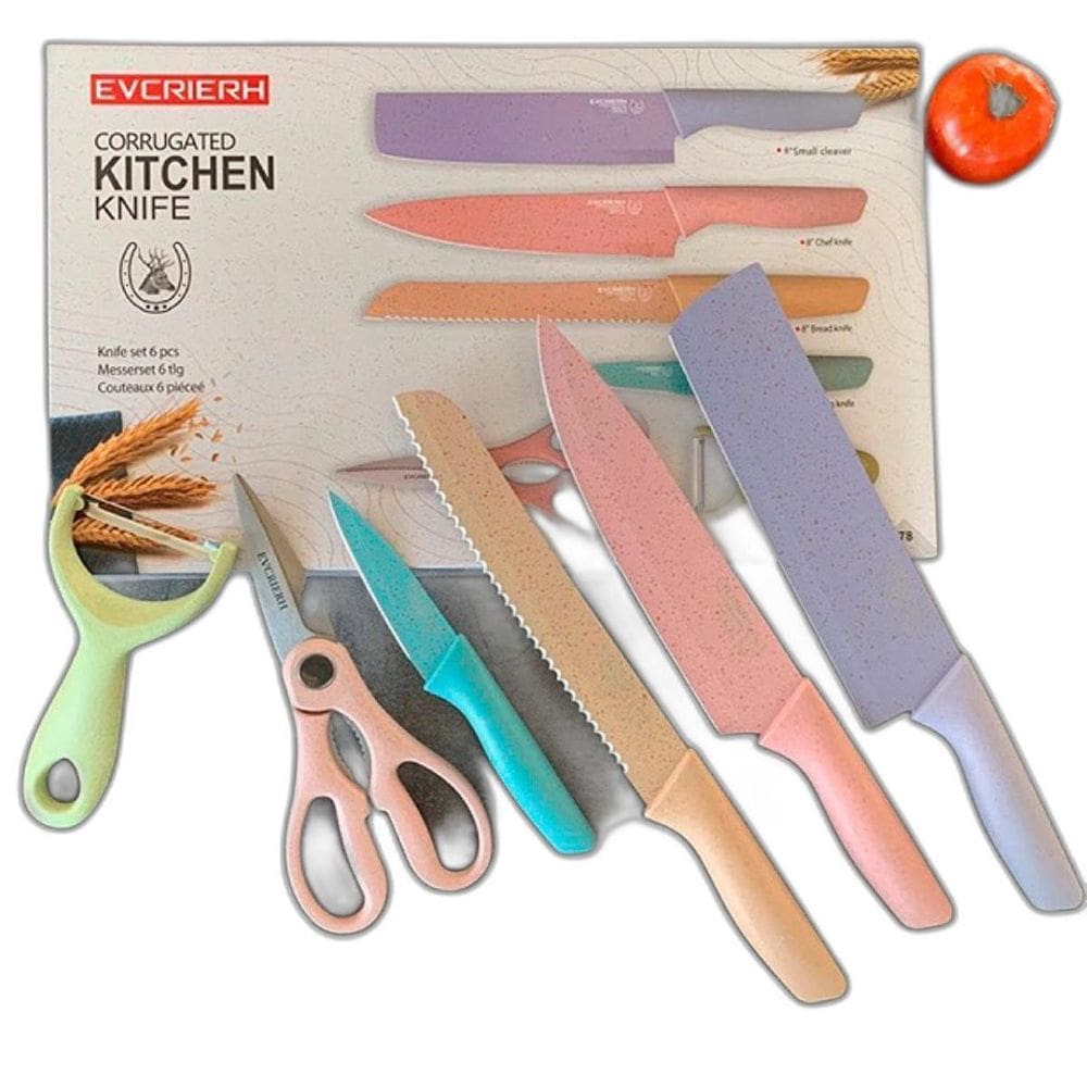 Jogo De Facas Coloridas Tesoura 6 Pç Cozinha Chef Colorido