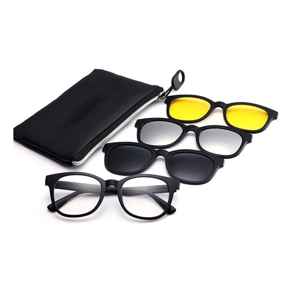 Armação De Óculos + 3 Lentes Clip On Solares E Noturna
