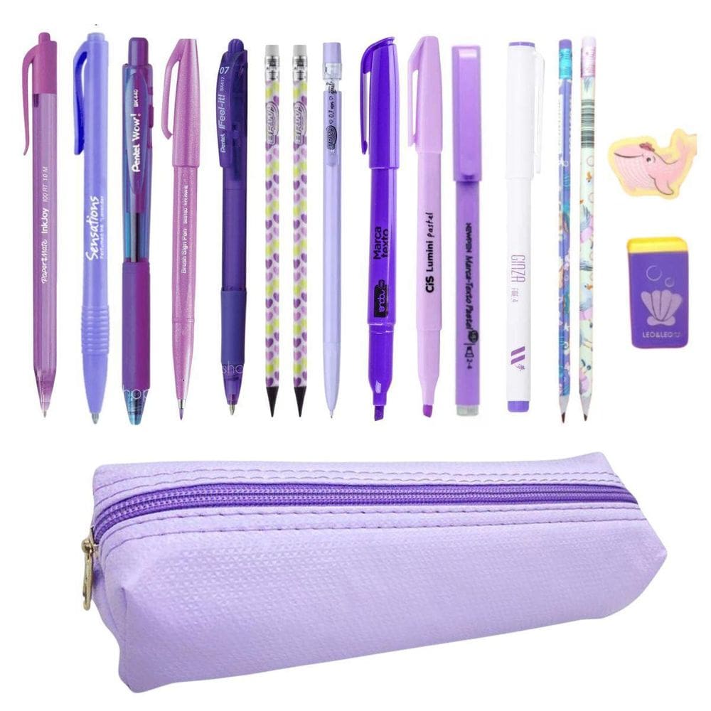Kit Estojo Tons Lilas E Roxo Escolar Universitaro Completo
