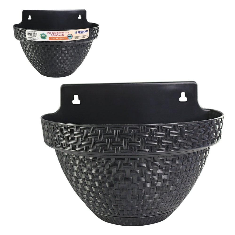 Vaso De Parede Meia Lua Rattan Jardim Preto 3 Litros