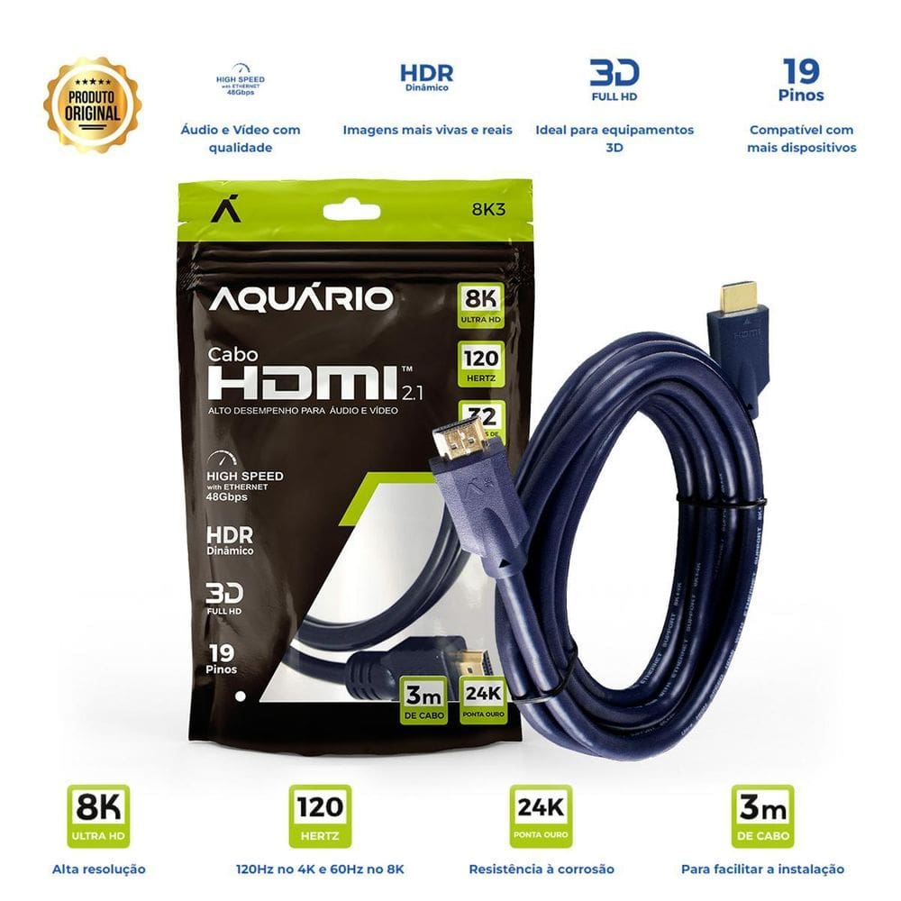 Cabo Hdmi Aquário 2.1 8K Ultra Hd 3D Blindado 8K3 - 3 Metros