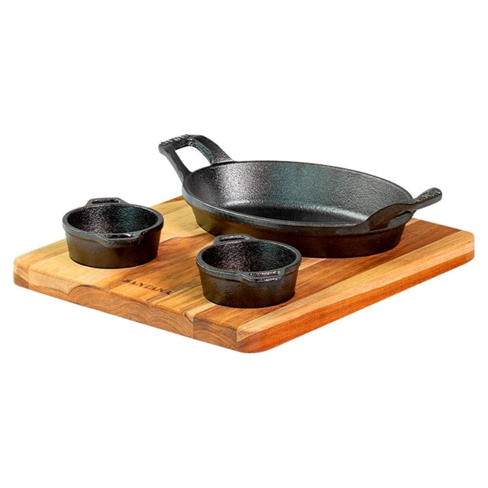 Conjunto de Assadeiras Facile Santana em Ferro Fundido com Molheiras e Suporte de Madeira