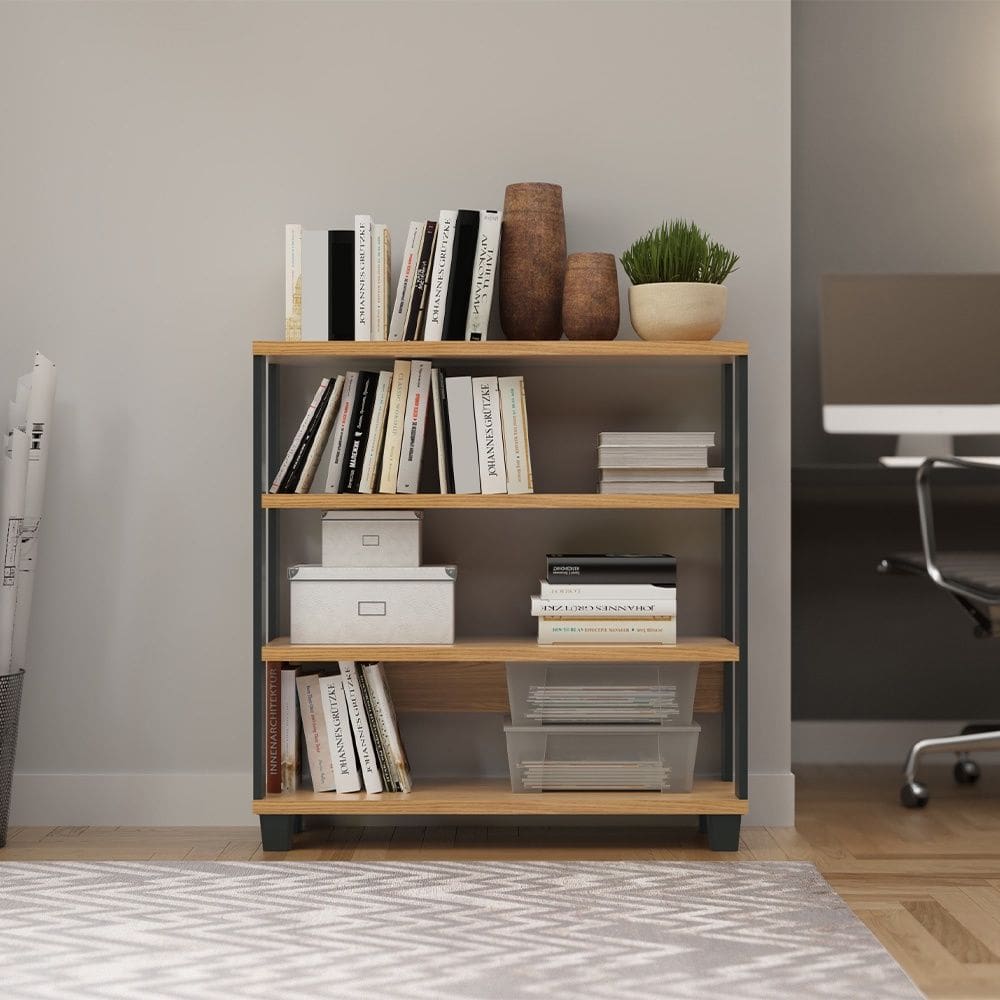 Estante para Livros 4 Prateleiras Estilo Industrial em MDF F23 Freijó Preto Fosco Dalla Costa