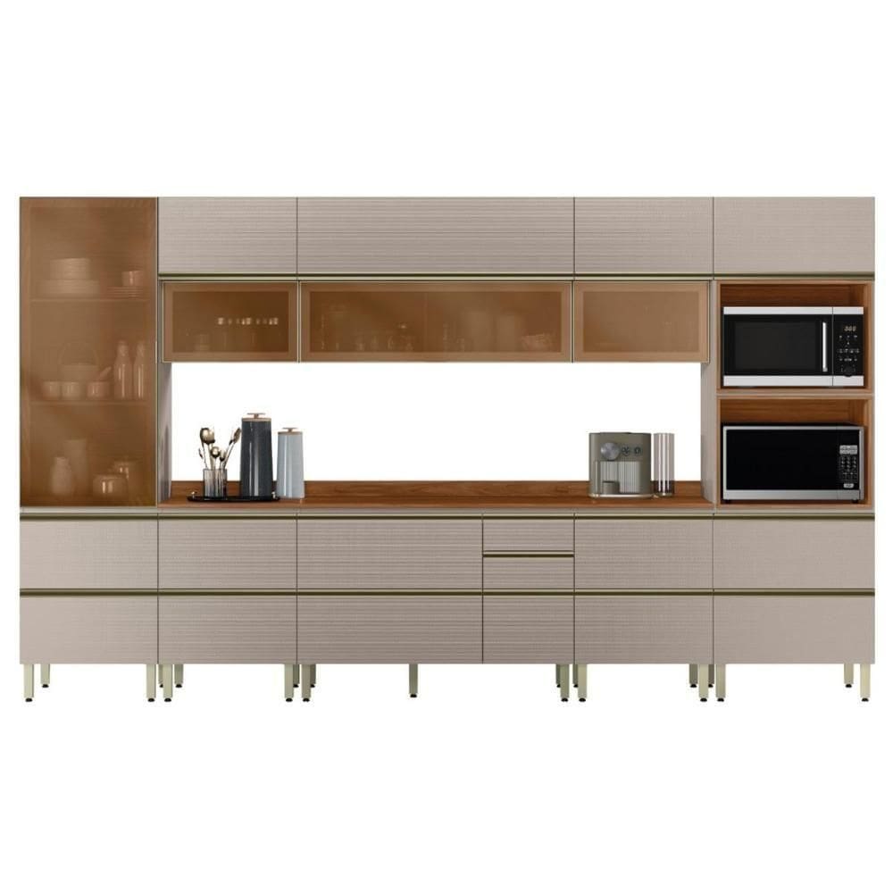 Cozinha Modulada Proença 8 Peças Com Cristaleira E Aéreo 120cm Nogueira Touch/Nude Prime Tx - Demartêz