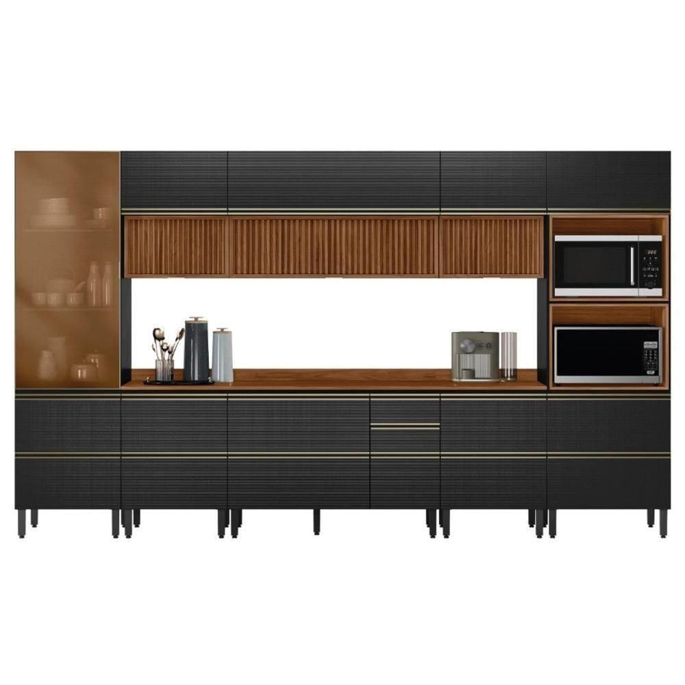 Cozinha Modulada Proença 8 Peças Com Cristaleira E Balcão 120cm Nogueira Touch/Carbono Prime Tx - Demartêz