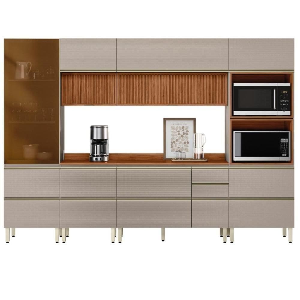 Cozinha Modulada Proença 6 Peças Com Cristaleira E Aéreo 120cm Ripado Nogueira Touch/Nude Prime Tx - Demartêz