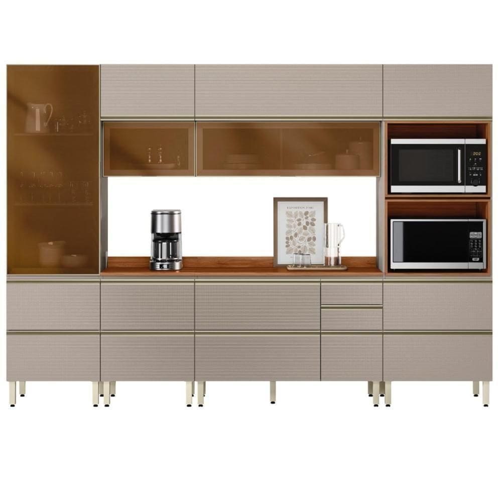 Cozinha Modulada Proença 6 Peças Com Cristaleira E Aéreo 120cm Nogueira Touch/Nude Prime Tx - Demartêz