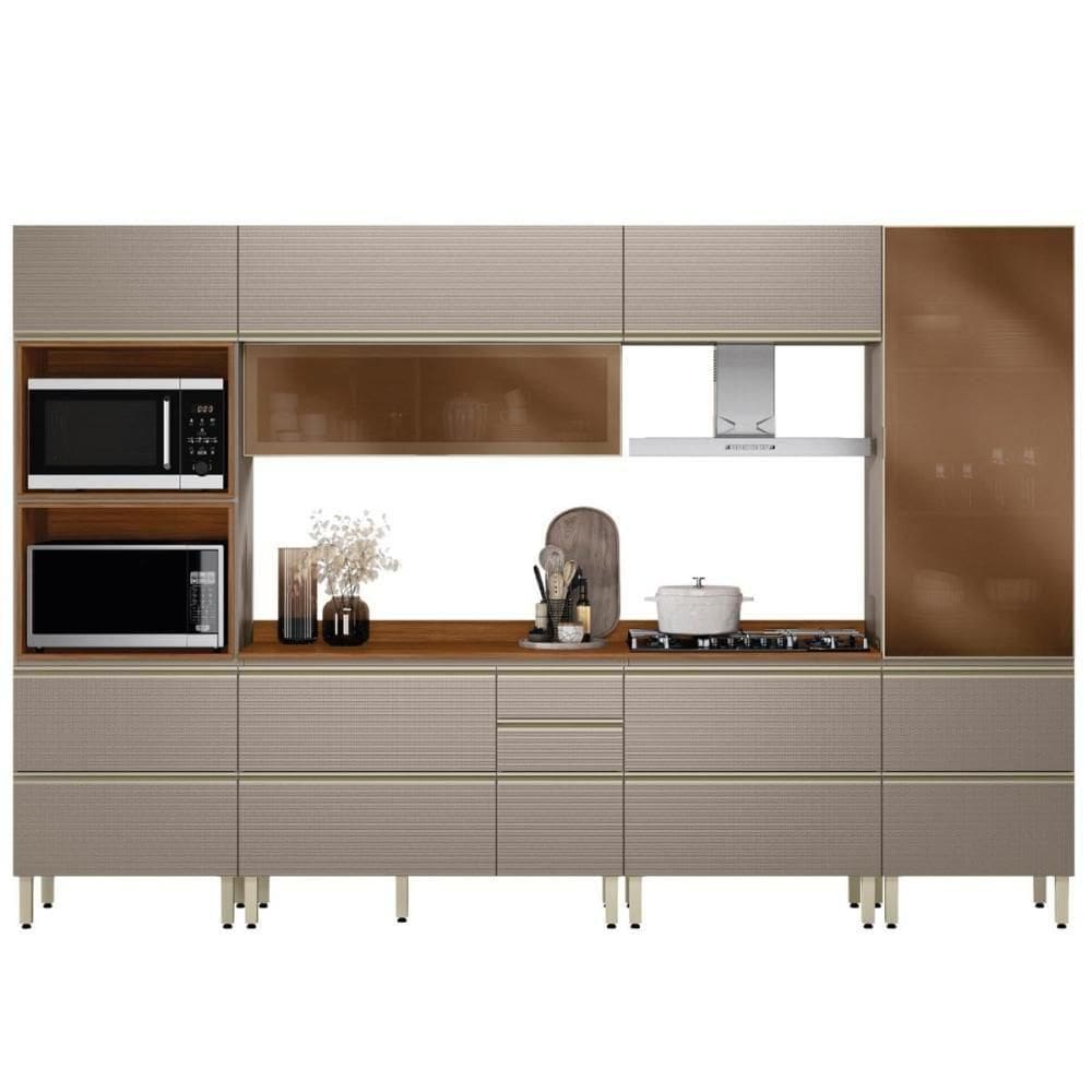 Cozinha Modulada Proença 6 Peças Com Cristaleira E Balcão 80cm Nogueira Touch/Nude Prime Tx - Demartêz