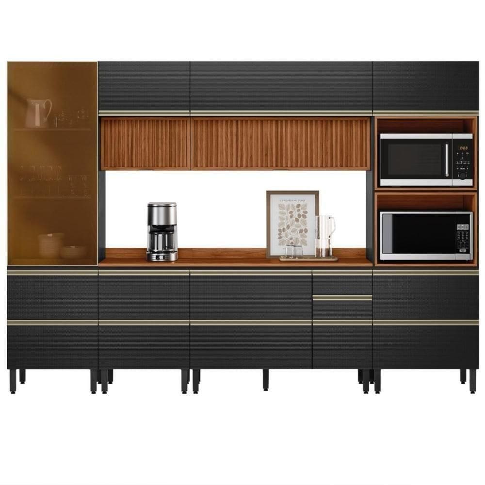 Cozinha Modulada Proença 6 Peças Com Cristaleira E Aéreo 120cm Ripado Nogueira Touch/Carbono Prime Tx - Demartêz