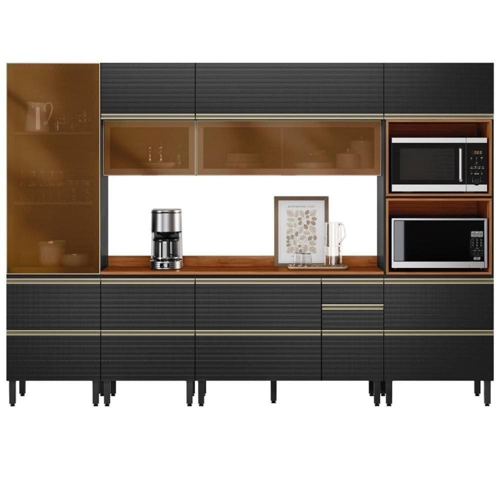 Cozinha Modulada Proença 6 Peças Com Cristaleira E Aéreo 120cm Nogueira Touch/Carbono Prime Tx - Demartêz
