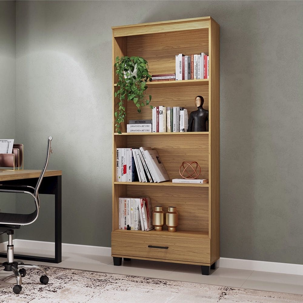 Estante para Livros 1 Gaveta Estilo Industrial C57 em MDF Freijó Dalla Costa