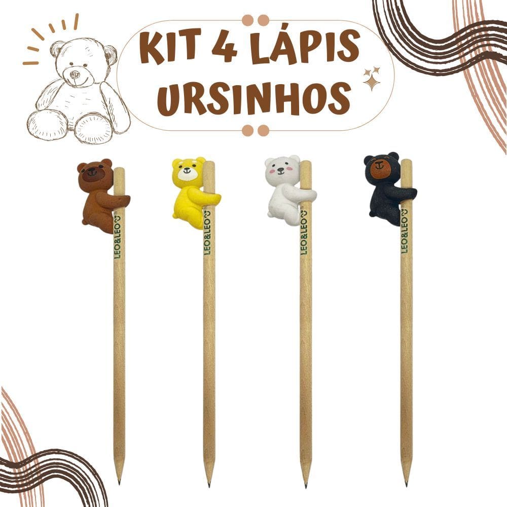 kit 4 Lápis de Madeira c/ Borracha em Formato de Ursinho - Leo&Leo | Papelaria | Material Escolar | Bear | Fofo