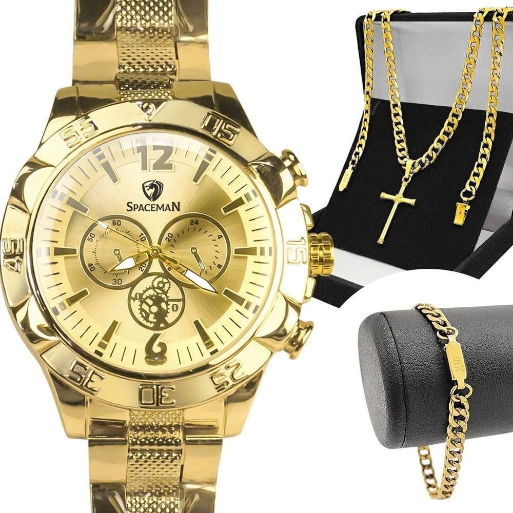 Relogio Masculino Dourado Pulseira Grumet + Cordão Cruz Qualidade Premium Analogico Religioso Casual