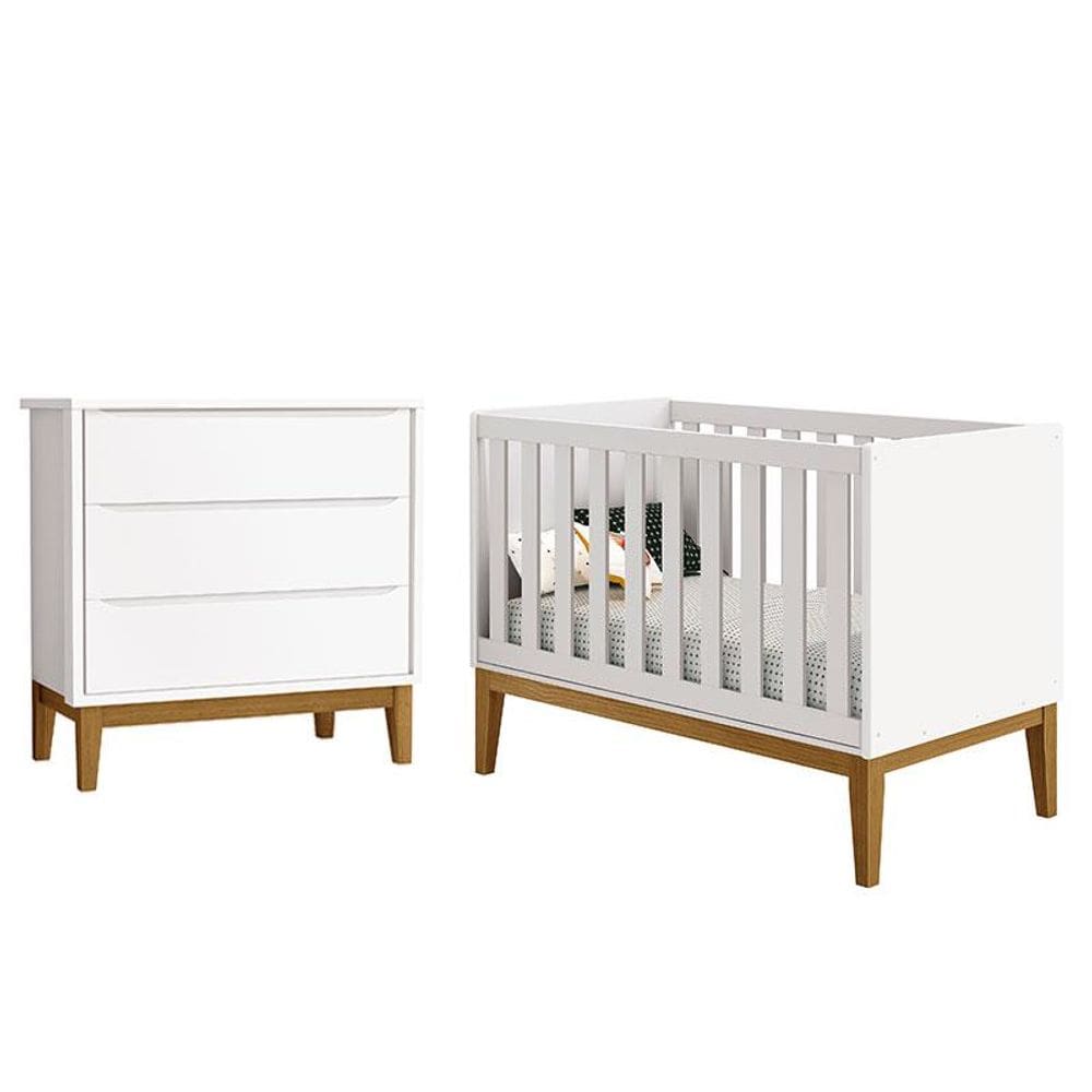 Berço Americano e Cômoda Gaveteiro New Classic Branco com Pés Madeira - Reller