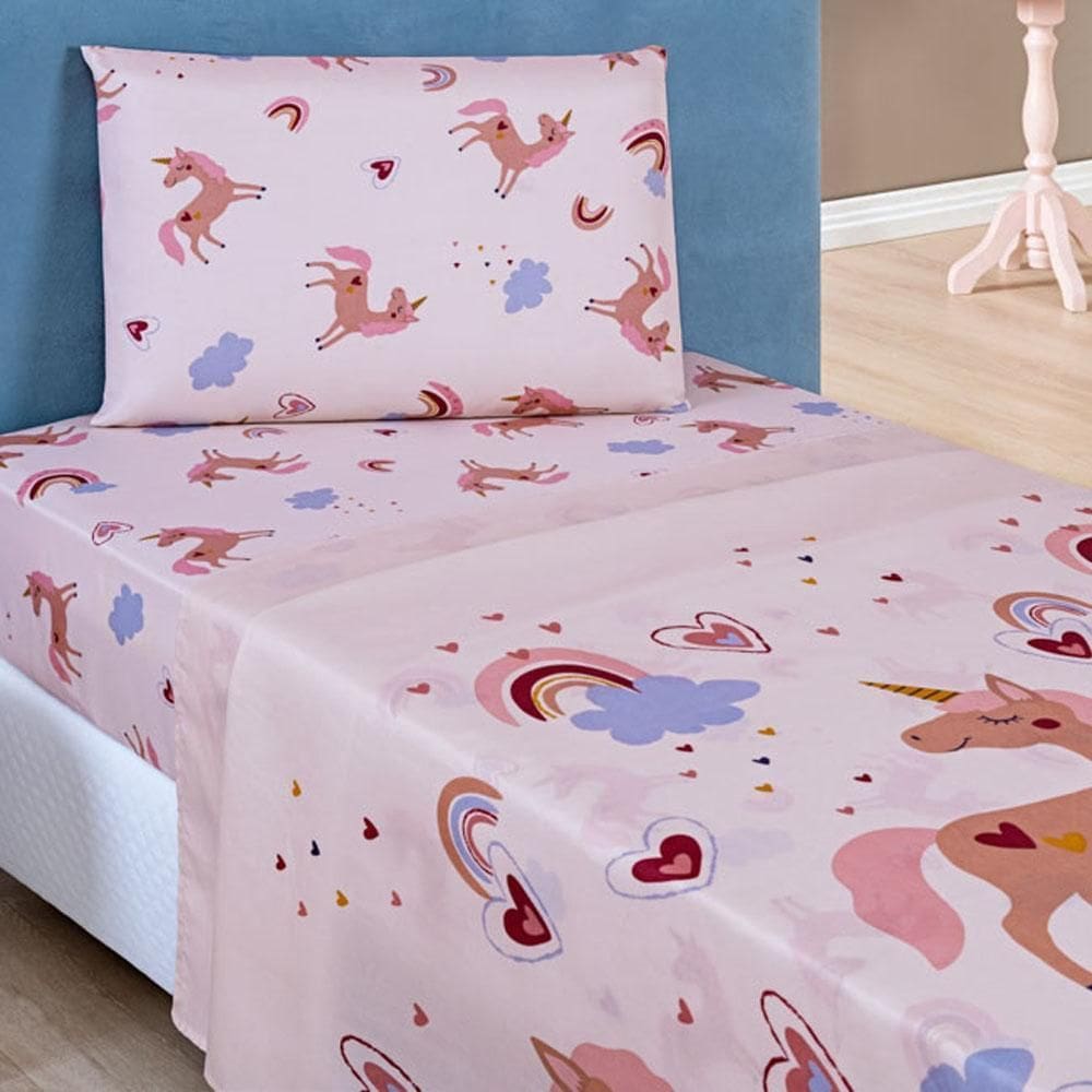 Jogo De Lençol Solteiro Microfibra Fantasy 3 Peças Unicórnio