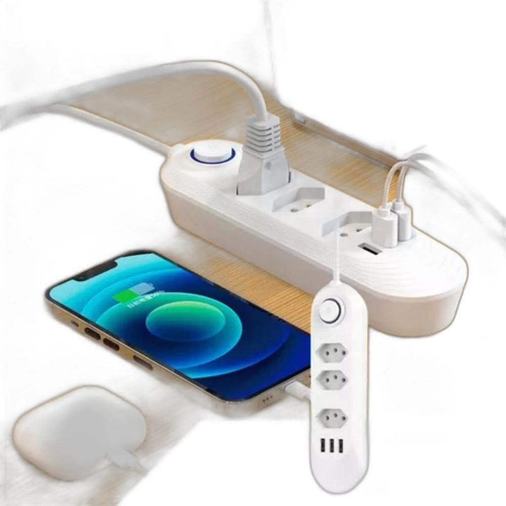 Régua Elétrica 3 Tomadas Com Usb Metálico Para Computador