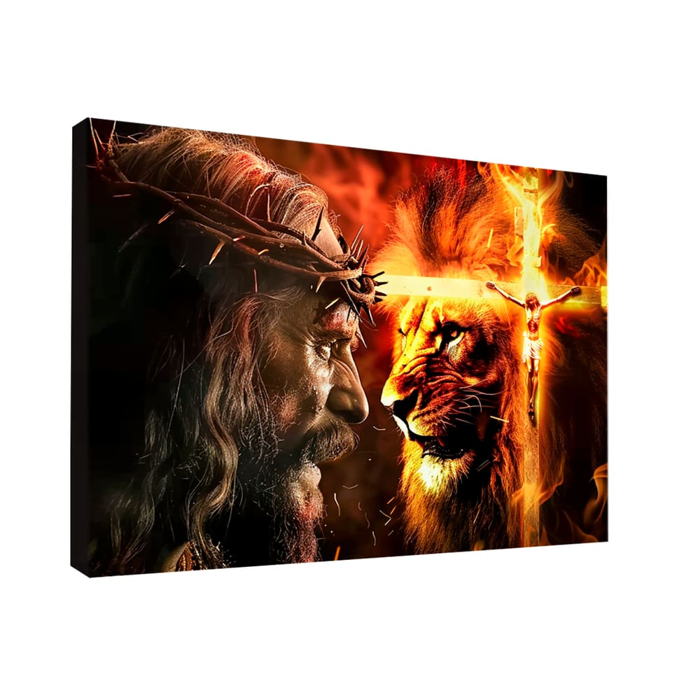 Quadro Decorativo Leão de Judá Cruz e Fogo