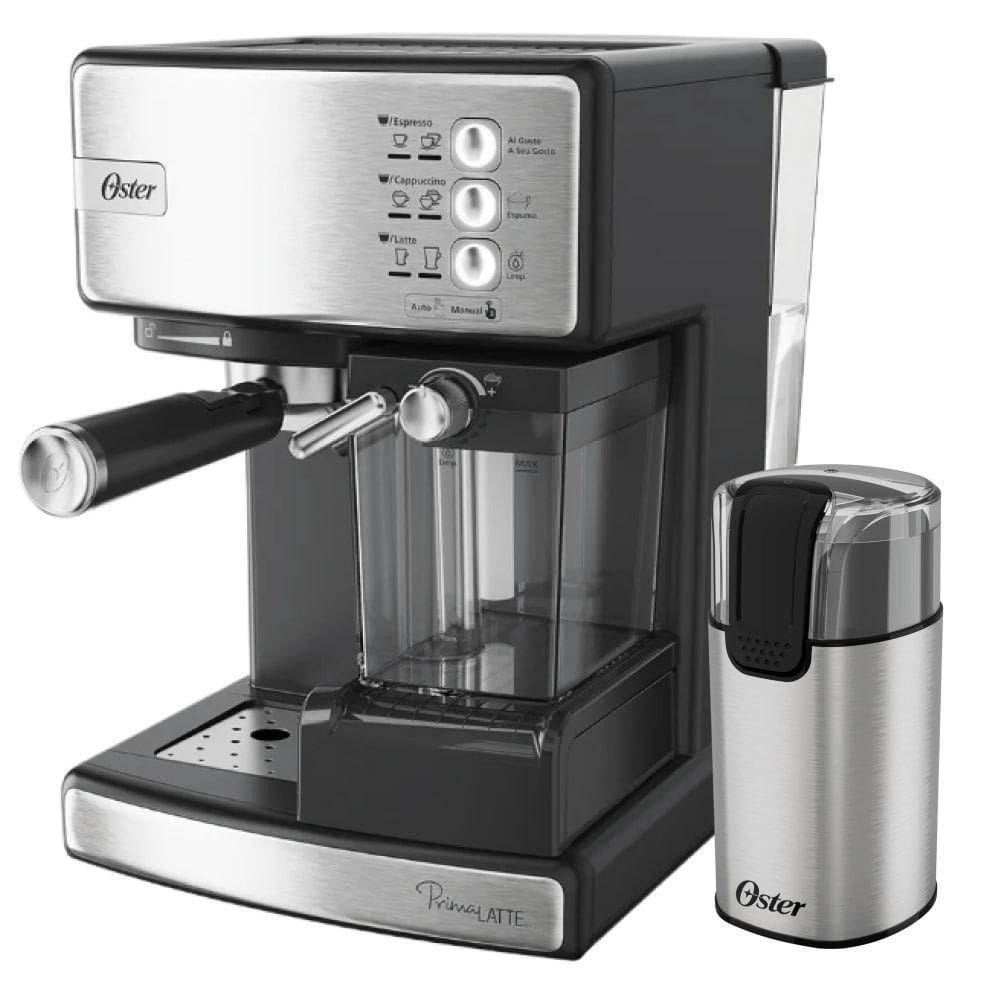 Kit Cafeteira Nova PrimaLatte Inox e Moedor de Café Elétrico Inox Oster 110V