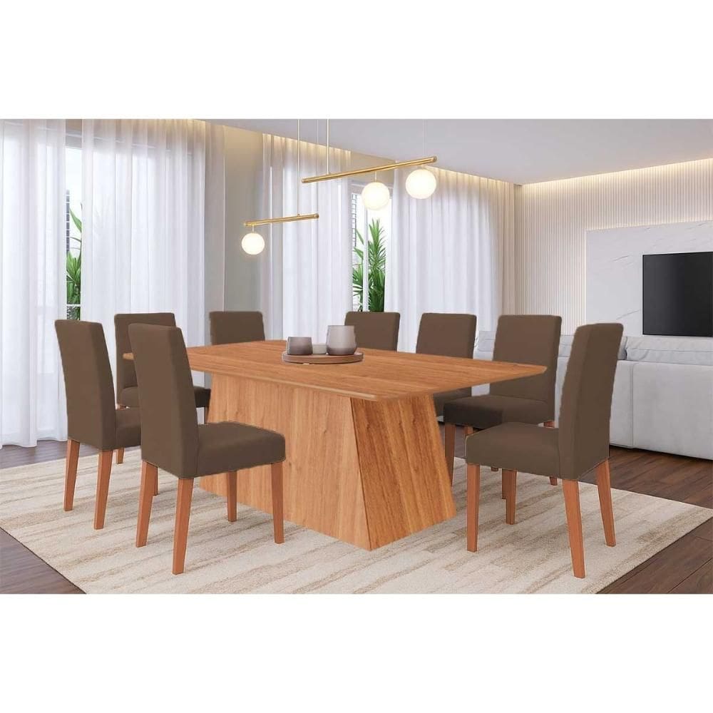 Sala de Jantar Completa Helena Tampo Madeirado 210x100cm e 8 Cadeiras Maia Cinamomo - Cinamomo/Suede Mascavo Chocolate - Cimol