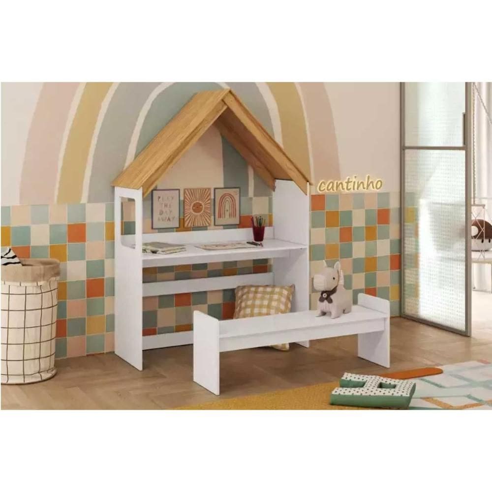 Mesa Cabeceira Casinha c/ Banco Branco/Amendoa - Peroba