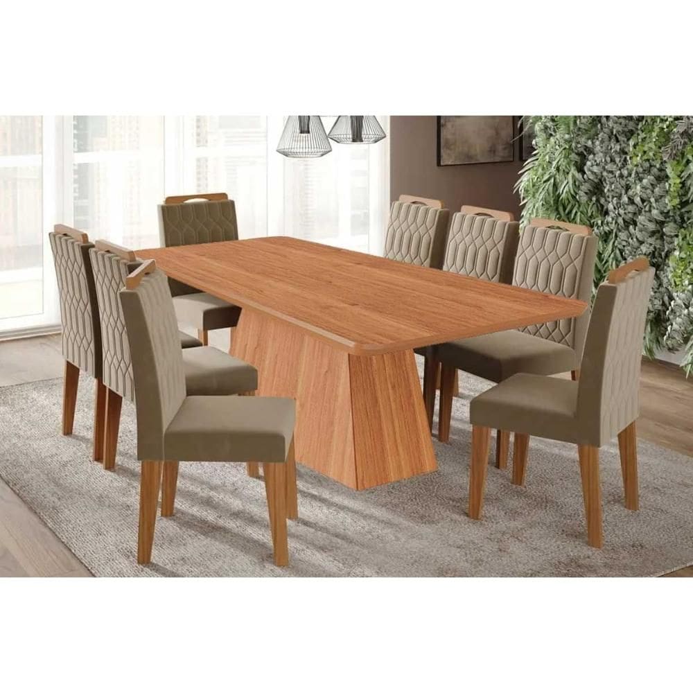 Sala de Jantar Completa Helena Tampo Madeirado 210x100cm e 8 Cadeiras Paola Cinamomo - Carvalho/Suede Joli Capuccino - Cimol