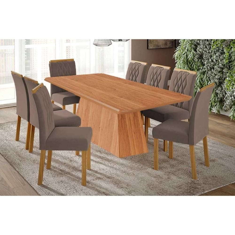 Sala de Jantar Completa Helena Tampo Madeirado 210x100cm e 8 Cadeiras Juliana Cinamomo - Carvalho/Suede Joli Capuccino - Cimol