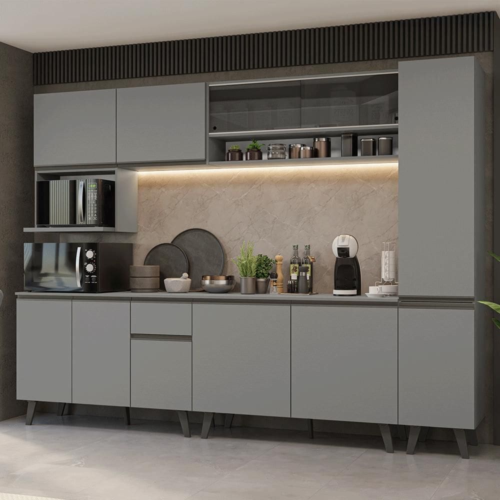 Armário de Cozinha Completa 280 cm Cinza Nice Madesa 03