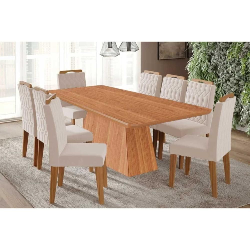 Sala de Jantar Completa Helena Tampo Madeirado 210x100cm e 8 Cadeiras Paola Cinamomo - Carvalho/Suede Nude Bege - Cimol