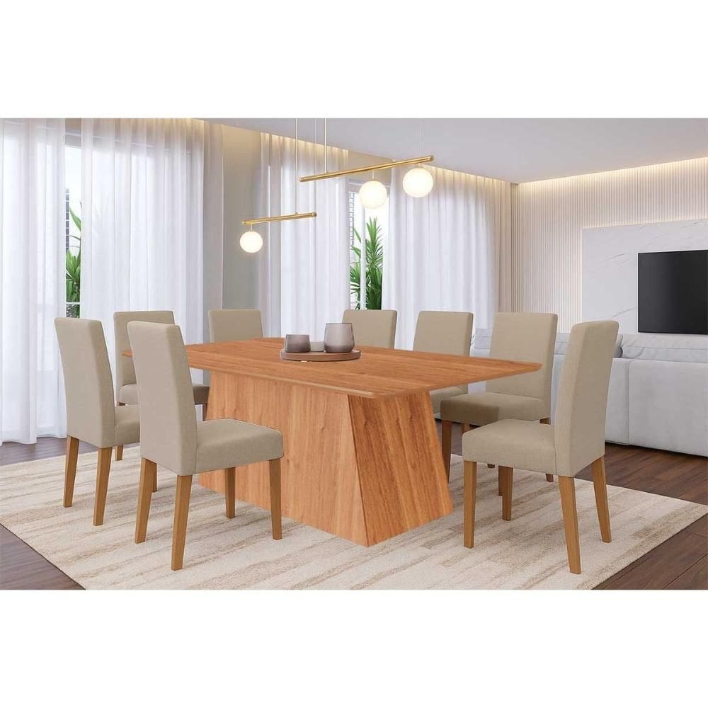 Sala de Jantar Completa Helena Tampo Madeirado 210x100cm e 8 Cadeiras Maia Cinamomo - Nature/Suede Gengibre Bege - Cimol