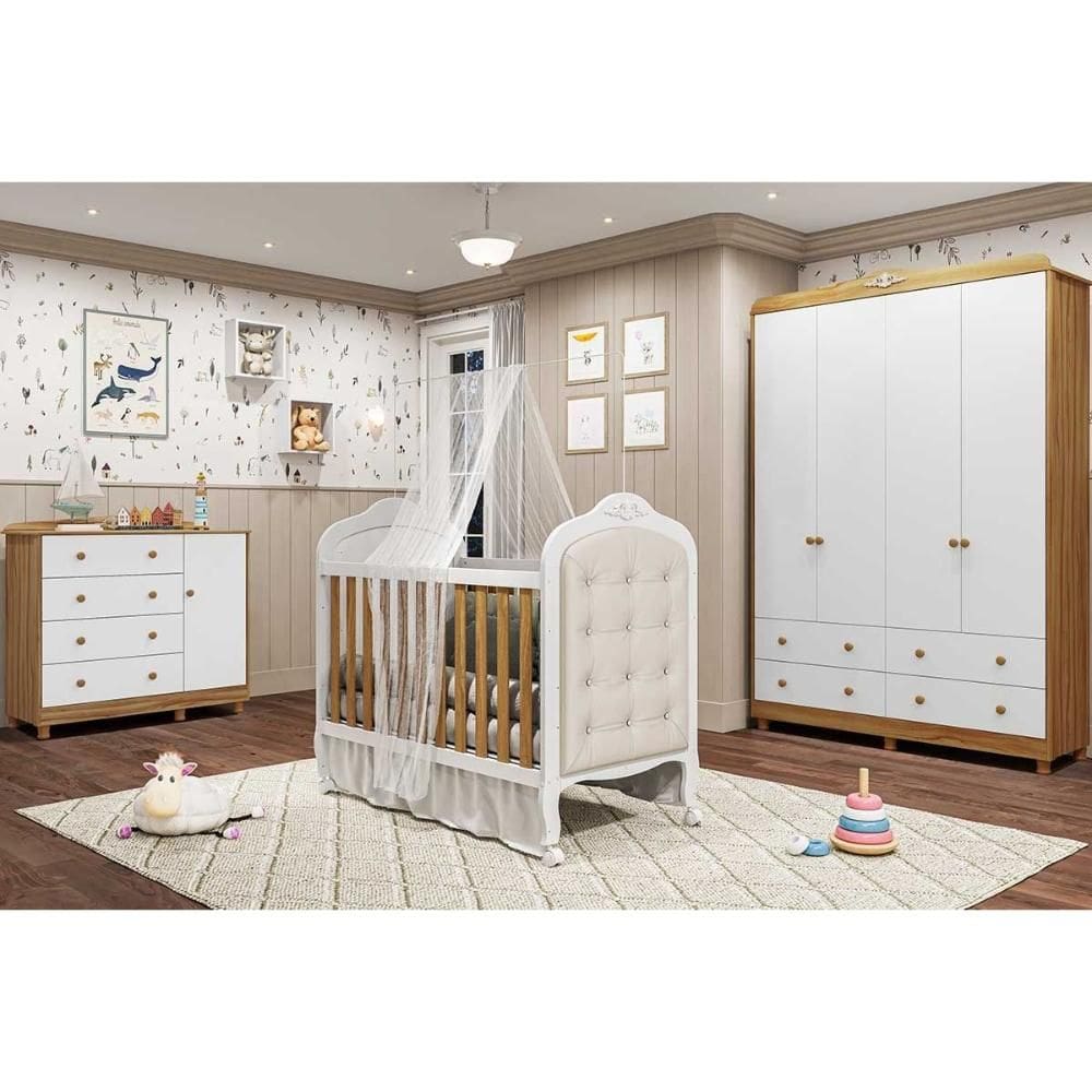 Quarto Infantil Completo Elô 4 Peças (1GuardaRoupa+1Berço+1Cômoda+1Complemento) QI116 Branco/Amendoa - Peroba