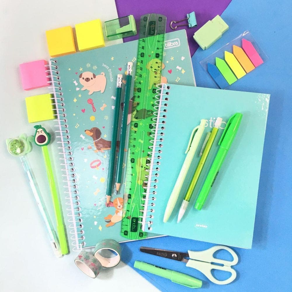 Kit Papelaria Combo Tons De Verde Neon Pastel