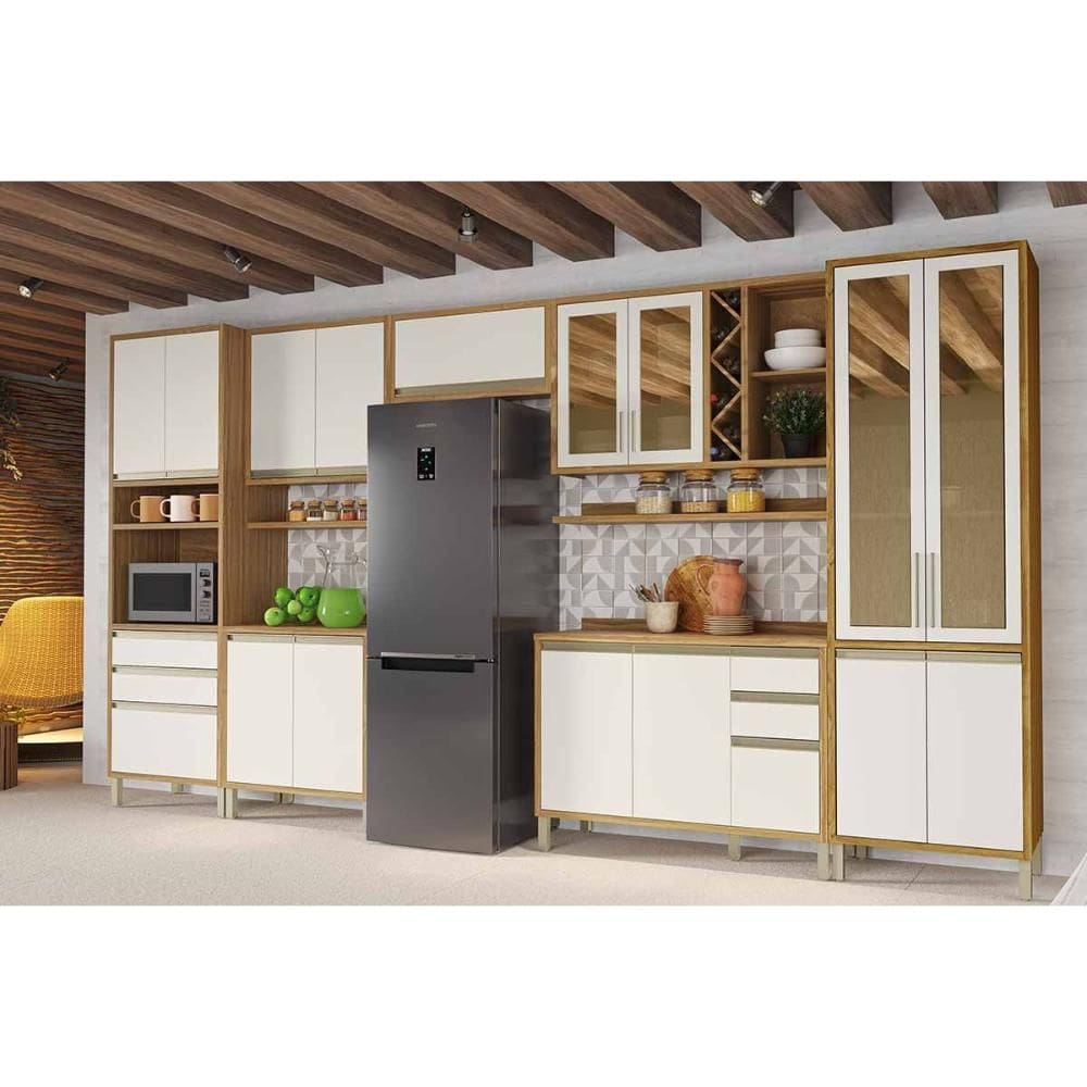 Cozinha Completa Tempranillo 9 Peças (3Aéreos+2Balcões+1Paneleiro+1TorreQuente+2Complementos) C9P22 Amendoa/Off White - Ronipa