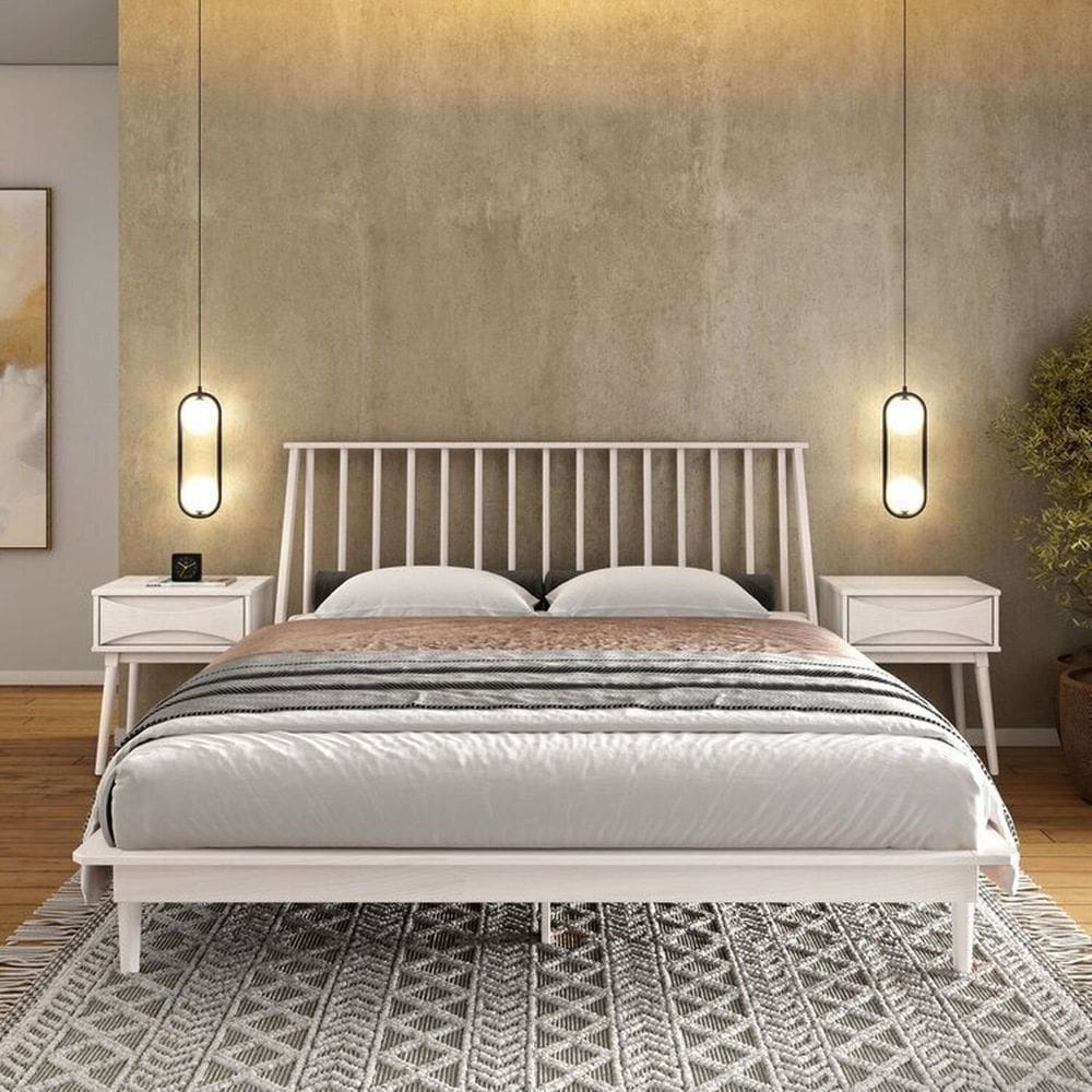 Cama Queen + 2 Mesas de Cabeceira Nordik Branco Lavado