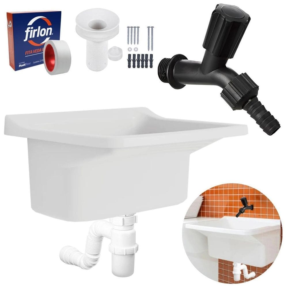Tanque Plástico 40L Lavanderia Branco + Sifão Copo Universal