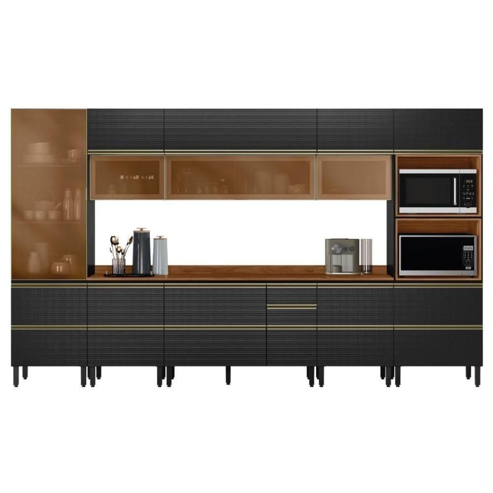 Cozinha Modulada Proença 8 Peças Com Cristaleira E Aéreo 120cm Nogueira Touch/Carbono Prime Tx - Demartêz