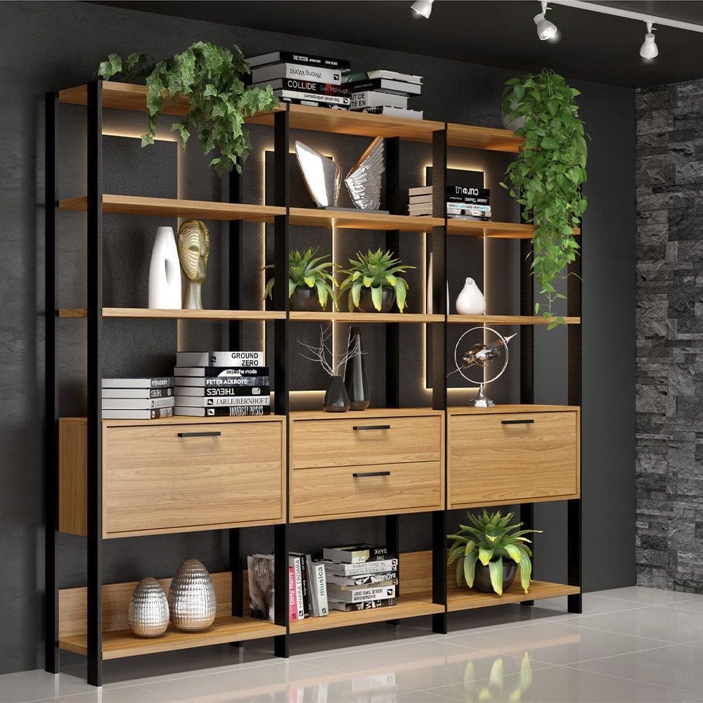 Estante em MDF para Livros 2 Portas 2 Gavetas Estilo Industrial E93 Freijó Preto Fosco Dalla Costa