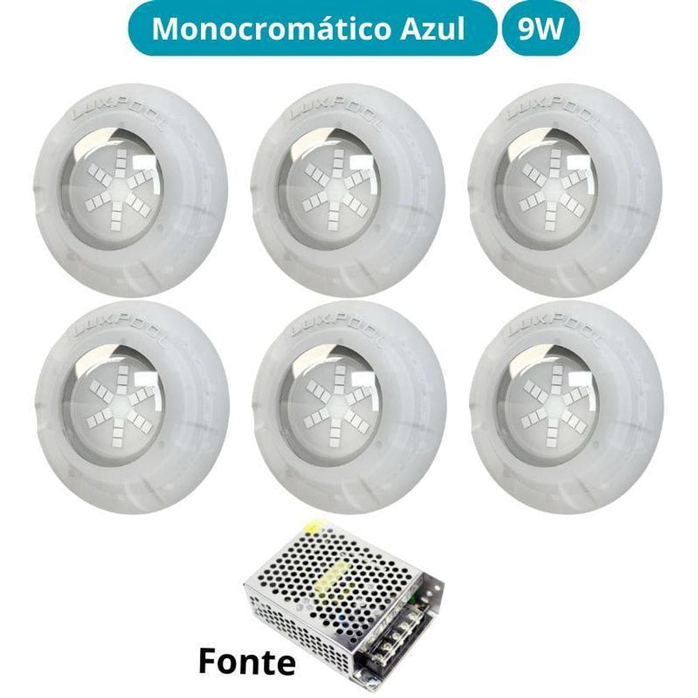Kit Iluminação Azul Piscina 96M 6 Leds Com Fonte Luxpool